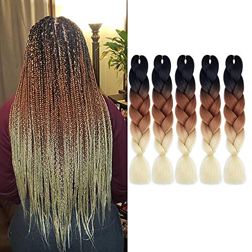 MYCHANSON 24" Three Color Ombre Braiding Hair Kanekalon Synthetic High Temperature Jumbo Braids Hair Extensions (5pcs & Black-Deep Brown-613)