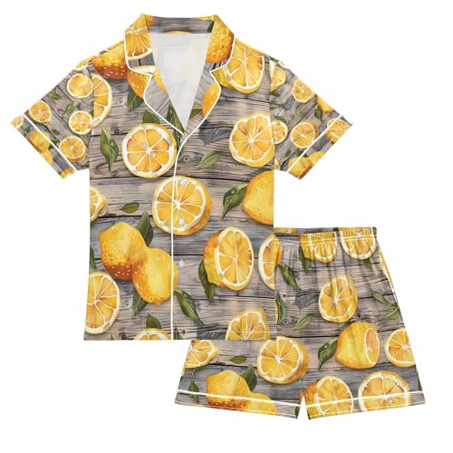 senya Lemon on Wood Satin Summer Pajama Sets Silk Short Sleeve Button Down Sleepwear