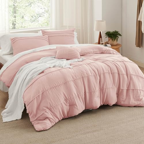 Image of Bedsure Full Comforter Set - 4 Pieces Pinch Pleat Bed Set, Light Pink Boho Bedding for All Season, 1 Soft Comforter, 2 Pillowcases, 1 Decorative Pillow