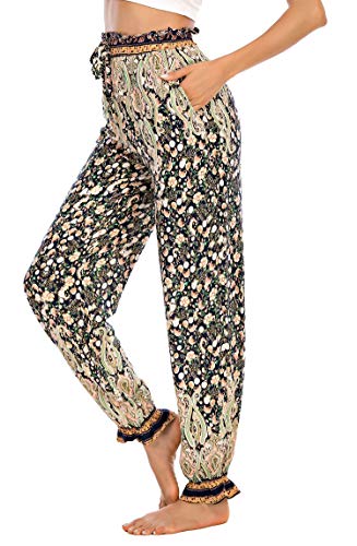 Calça feminina Love Welove com estampa de verão para ioga e harém com babados elásticos e cintura al