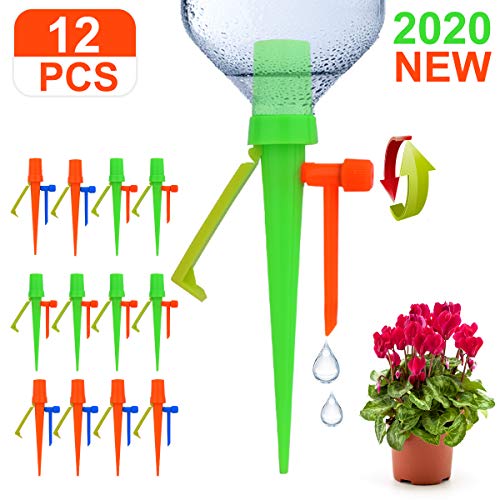 ã€2020 Upgradeã€‘ Plant Self Watering Spikes Devices, Slow Release Control Valve Switch Automatic Irrigation Watering Drip System, for Preventing Stop Water Cutoff with Anti-Tilt Bracket-12Pack