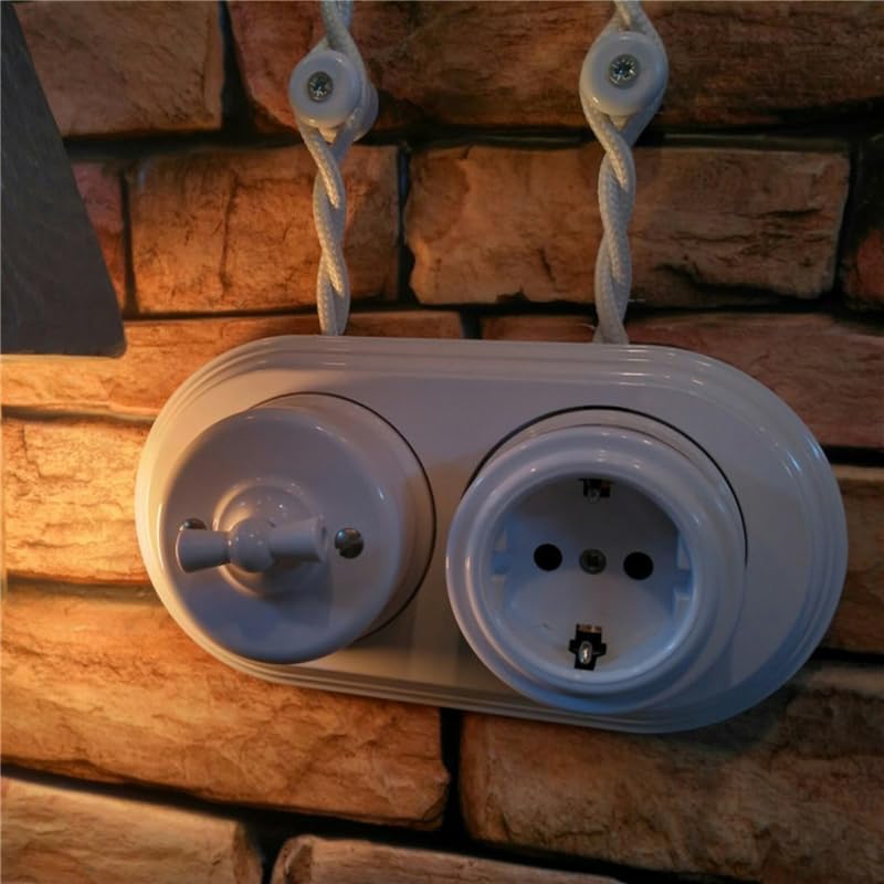 Rotary Vintage Porcelain Light Switch and Ceramic Wall Germany Socket Outlet with Earthing(Black)