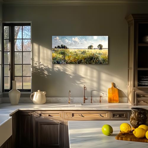 SERIMINO Rustic Landscape Wall Art Prints, Country Outdoor Scenic Large Wall Decor, Nature Meadow Wildflower Canvas Painting, Bright Pictures for Living Room Modern Farmhouse Kitchen 20X40 Inch