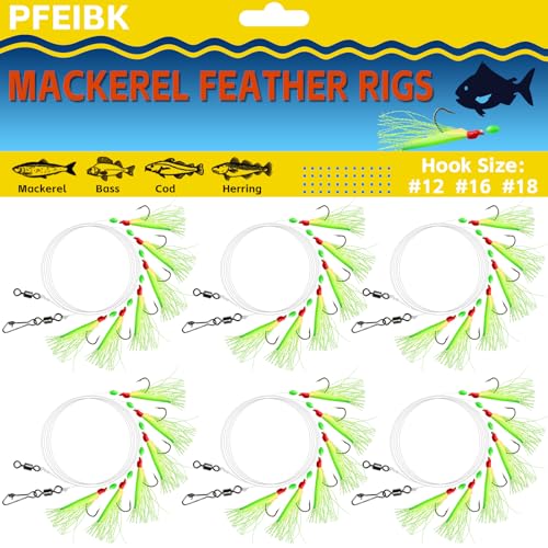 10pcs Mackerel Feathers Rigs, Pre Tied Mackerel Lure Sea Fishing Rigs with Luminous Beads Bionic Flying Insects Lure Rig for Pollock,Cod,Herring,Bass (3pcs #12;3pcs #16;4pcs #18)