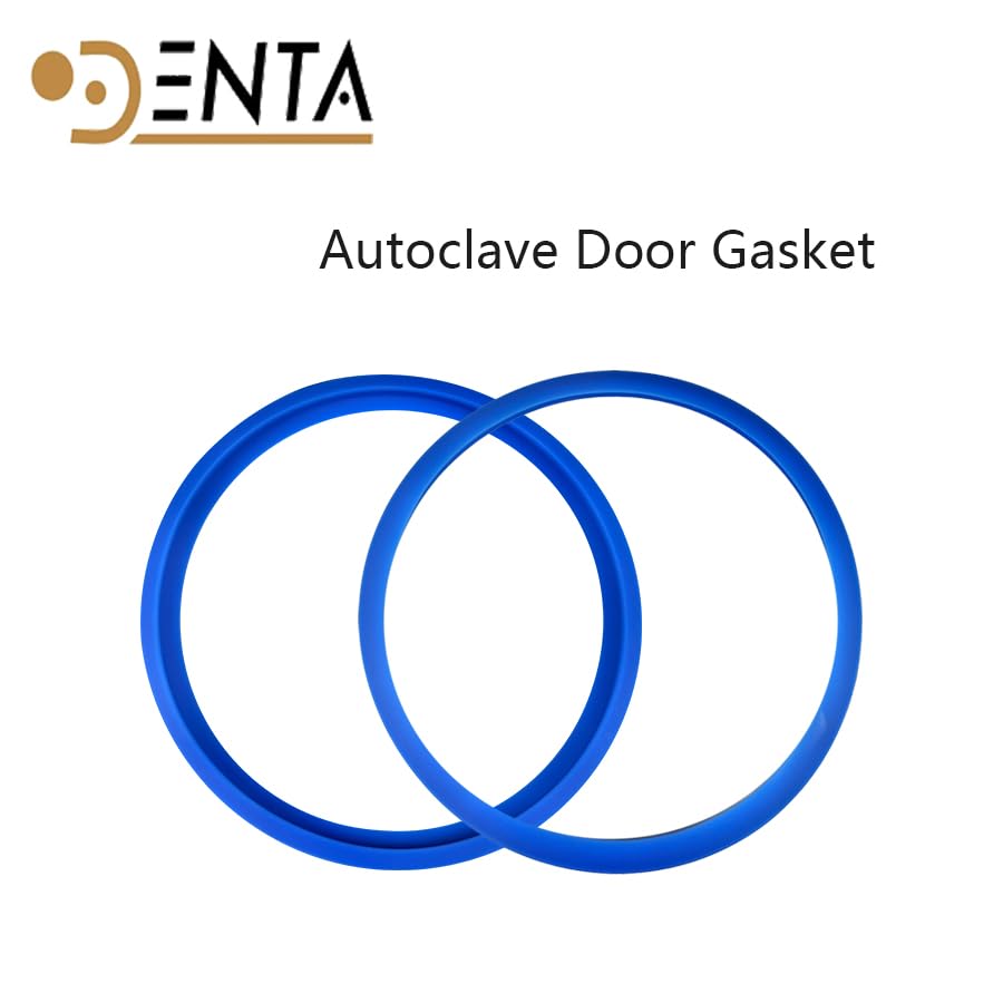 Two blue autoclave door gaskets with DENTA logo