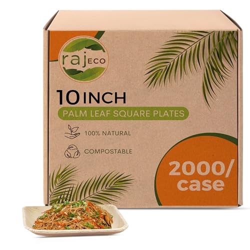 Raj Palm Leaf Plates Bulk [50-Pack] 10" Square Plates (40 CASES - 2000 PACK) like Bamboo plates Disposable, Strong, Decorative Compostable Tableware for weddings, Lunch, Dinner, Birthday