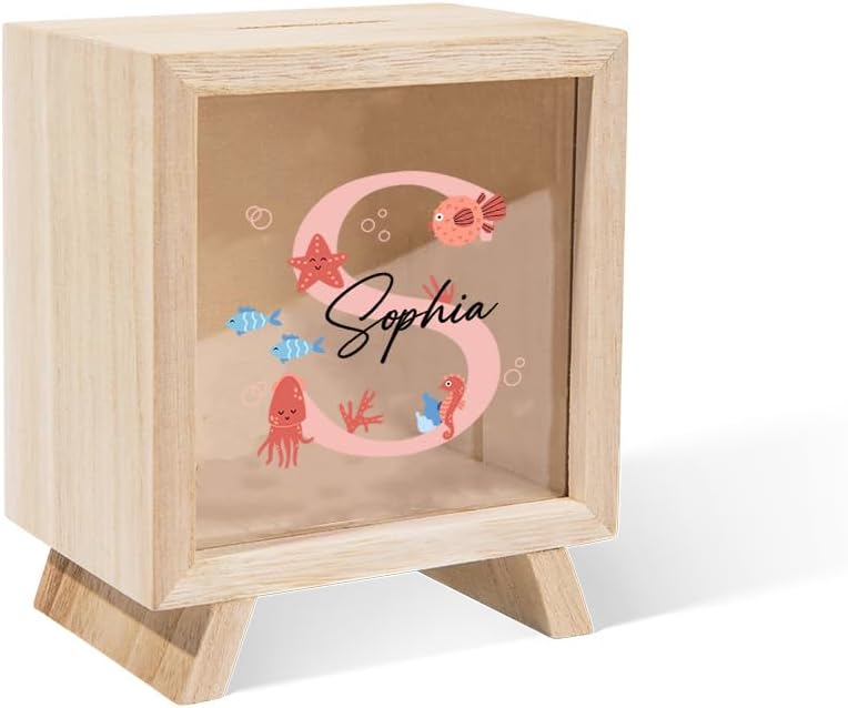 BYFDIY Personalized Initial Letter Piggy Bank for Kids Wooden Cute Whale Sea Turtle Pufferfish Ocean Money Box Coin Bank for Boy Girls Christmas Birthday Gifts