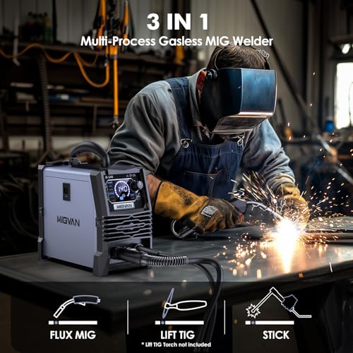 Image of 140A MIG Welder, MIGVAN 110V Flux Core MIG /Stick /Lift TIG 3 in 1 Welding Machine with Large LED Digital Display, IGBT Inverter Portable Gasless Welder with Welding Gun and Flux Core Wire