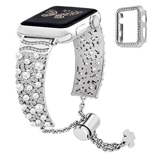 GerbGorb Apple Watch Armband Damen Kompatibel mit Apple Watch 44mm 45mm 49mm mit Schutzhülle Edelstahl Metall Ersatzarmband mit Perlen für iWatch Series 8 7 6 5 4 SE/SE2 für Damen Mädchen Silber Cover