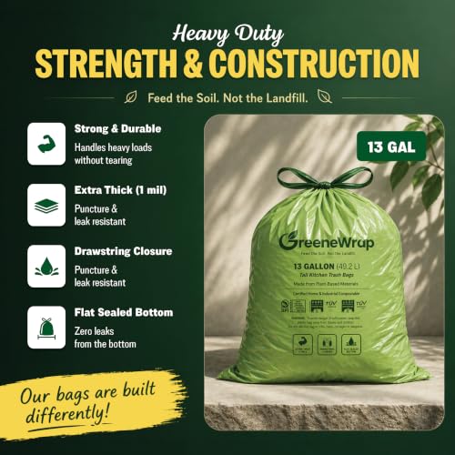 GreeneWrap 13 Gallon Compostable Trash Bags with Drawstring, 30 Count, 1 Mil, Tall Kitchen Food Scrap Compost Bags, BPI Certified, ASTM D6400, Compostable Garbage Bags, Unscented, 13 Gal — view 4