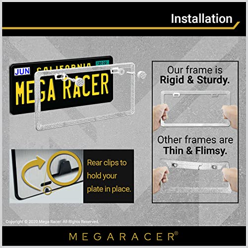 Mega Racer Rhinestone Bling License Plate Frame For Women - High-End 650 Pieces White Diamonds Three Rows, 2-Hole Stainless Steel Slim Crystal Frame, Car Wash Safe, Weatherproof, 1 Piece #TOP5