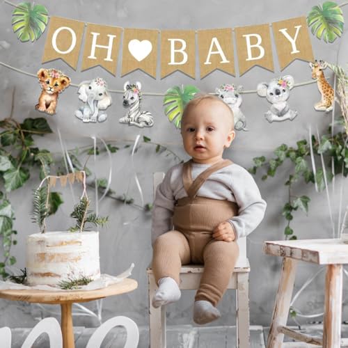 Image of Weecent Pre-Strung 6ft Burlap Oh Baby Banner for Safari Baby Shower Decorations Jungle Animals Girls Gender Reveal Party Decor