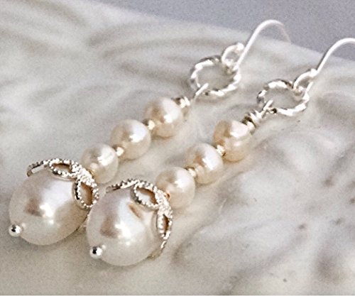 Sterling Silver Cream White Pearl Drop Dangle Earrings Freshwater Cultured Wedding Bridal Jewelry