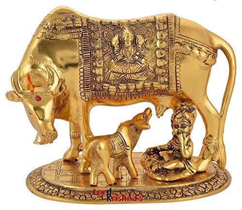 Image of Handmade Showpiece Brass Cow and Calf Idol and Figurines for Spiritual Vaastu Pooja Decorative Sculpture for Puja Gifts & Decoration Items for Home Decor (Golden)