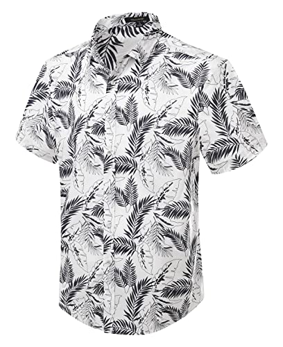 Olmecs Chemise Hawaïenne Hommes Funky Manches Courtes Hawaiian Imprimé Fleurs Chemise de Plage Homme Blanc Feuilles M thumbnail