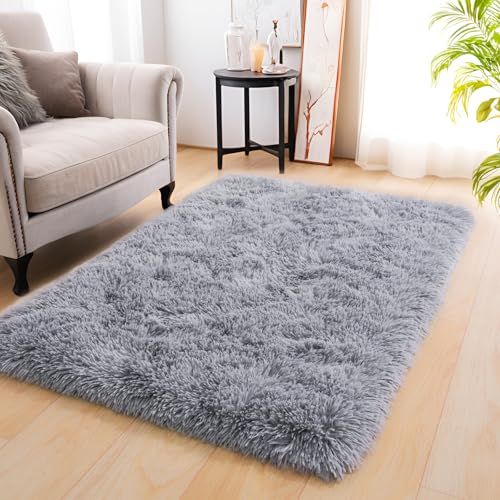 KING DARE Grey Soft 2x3 Rug, Small Shag Area Rug for Bedroom Bedside Dorm, Plush Non-Slip Fluffy Plush Carpet for Living Room Kids Room Nursery, Modern Home Decor Aesthetic