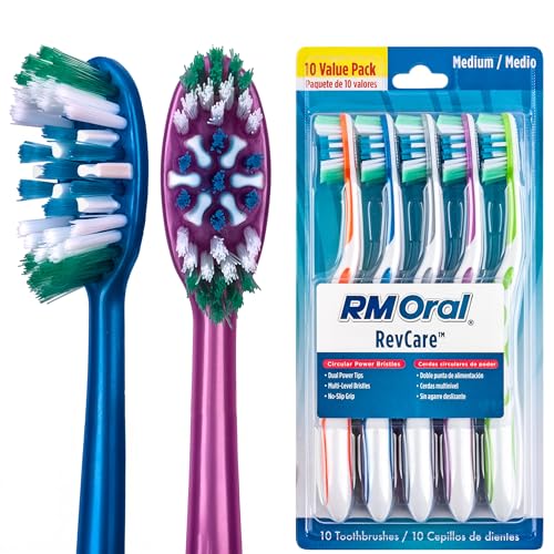 Image of RM Oral RevCare Medium Toothbrush, Circular Power Bristles Power Away Plaque, Tongue & Cheek Cleaner Fights Bad Breath, Value 10 Count