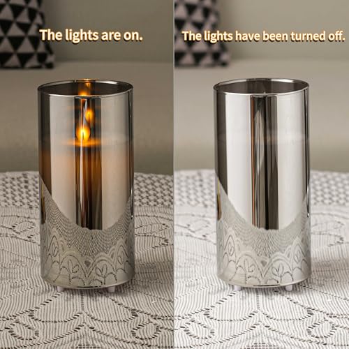 Image of LTETTES Real Wax LED Glass Pillar Flameless Rechargeable Candles | Grey Glass | USB Type-C Charging Cable | Remote Control Included | Home Decor & Gifting | Set of 3 (H-4 inch,5 inch,6 inch x D-3 inch)