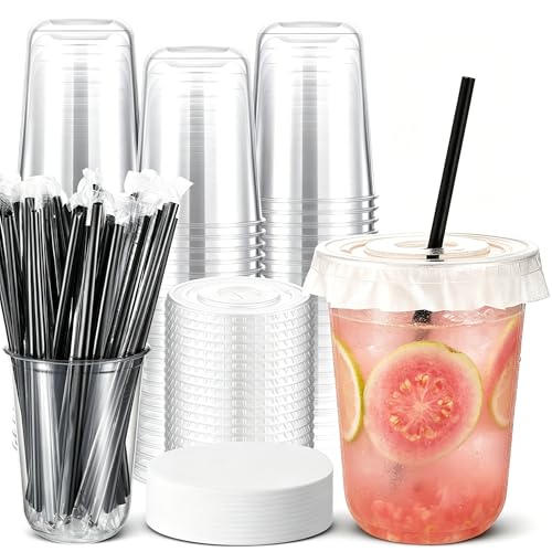 Ziliny 50 Sets Clear Plastic Cups with Lids, Straws, and Paper Cap Liners, Disposable Iced Coffee Cups Drinking Cup for Cold Drinks, Juice, Smoothie, Coffee Shops, Party, Christmas (16oz,Black)