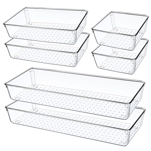 Giklux 6 Pcs Clear Kitchen Drawer Organiser Trays, 38cm Large Acrylic Desk Drawer Dividers Organisers for Cutlery, Kitchen, Makeup, Bathroom, Utensils, Vanity, Dressing Table, Plastic Draw Organiser