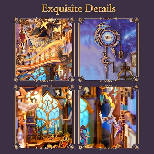 Image of Tonecheer DIY Book Nook Kit for Adults,3D Wooden Puzzle Bookend Bookshelf Insert Library Decor, Booknook Miniature House Kit with Body Motion Sensor LED Light (Magic Stars Room)