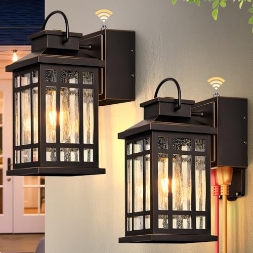 Image of Dusk to Dawn Porch Lights with GFCI Outlet, Outside Lighting Fixtures for House, Oil Rubbed Bronze Exterior Garage Light Fixtures with Gold Trim, Anti-Rust Outdoor Sconce Light for Patio, Coach