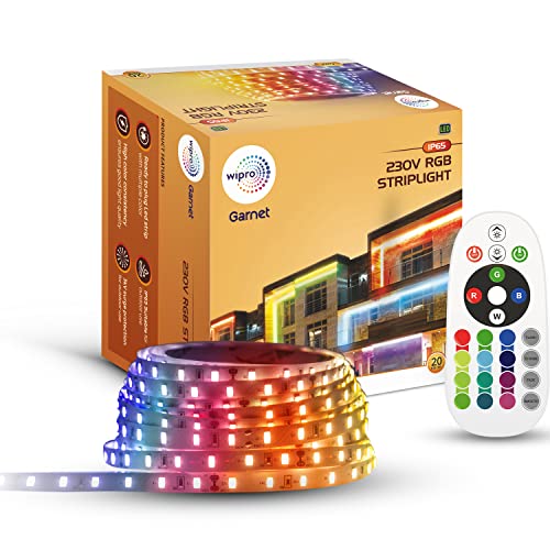 Image of wipro RGB Led Strip Light|60 LEDs /Mtr|24 Keys Ir Remote Controlled RGB Color Changing Light|Ip65-Waterproof|Plug&Play Rope Light for Outdoor&Indoor Decoration|Pack of 1,Multicolor,20 Meters