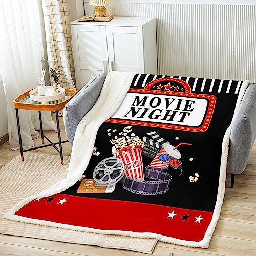 Homemissing Movie Night Sherpa Blanket Movie Theater Decor Fleece Throw Blanket for Kids Boys Girls Decor Cinema Plush Blanket Microfiber Popcorn Movie Ticket Fuzzy Blanket Bedroom Double 60x79 Inch