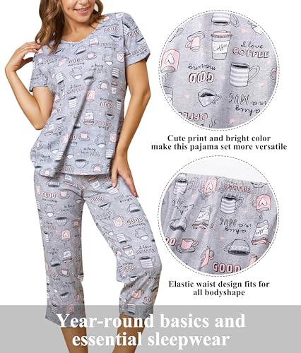 Image of PNAEONG 2 Pack Women's Cotton Pajama Sets Short Sleeve Sleepwear Tops with Capri Pants Summer Loungewear Pj Sets S-3XL