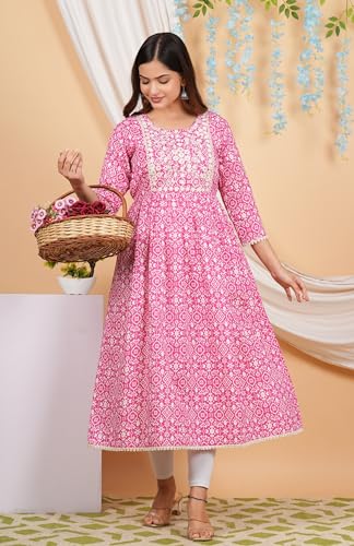 Image of purple sky Women's Cotton Blend Printed Anarkari Suit with Lucknowi Work on Neck