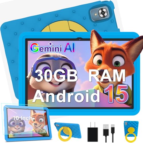 DMOAO Kinder Tablet 10 Zoll Android 15 mit 30GB RAM + 64GB ROM(2TB), 5G WLAN 6, Widevine L1, Elterliche Kontrolle, 8-Core, 6000 mAh, Kids Tablet mit Kinder Hülle Eva + 360° Drehbarer Ständer, Blau
