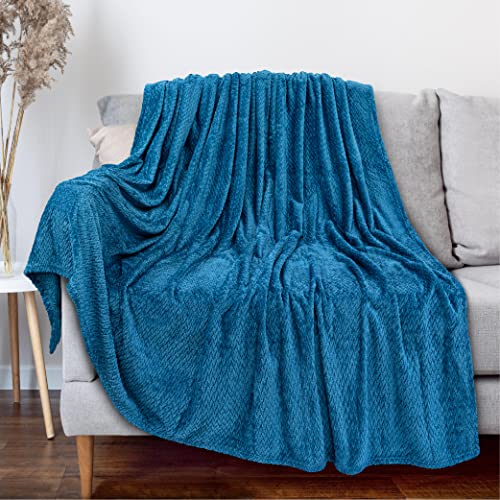 PAVILIA Soft Fleece Teal Blue Throw Blanket for Couch, Lightweight Plush Warm Blankets for Bed, Fuzzy Cozy Flannel Blanket Throw for Sofa, Travel, Jacquard Pattern, Teal Blue, 50x60 inch