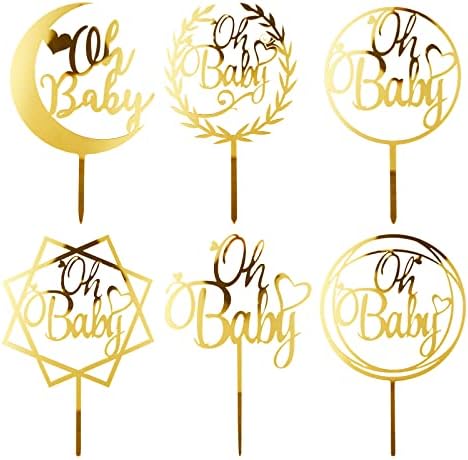 6Pcs Oh Baby Cake Topper Gold Acrylic Baby Shower Cake Decorations for Baby Girl Boy Birthday Cake Party Supplies Cake Toppers