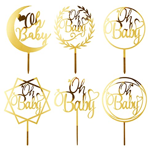 6Pcs Oh Baby Cake Topper Gold Acrylic Baby Shower Cake Decorations For Baby Girl Boy Birthday Cake Party Supplies Cake Toppers #TOP1