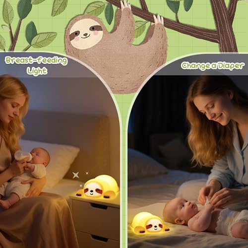 Image of Sloth Night Light, Cute Squishy Lamp for Bedroom, Silicone Animal Dimmable & Timer Rechargeable Nightlight for Girls Boys Kids, Home Decor Christmas Birthday White Elephant Gifts