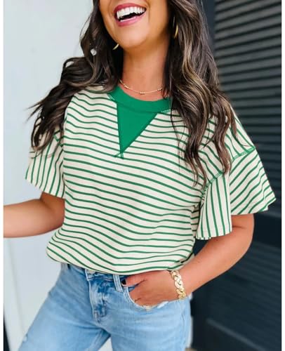 Women's Summer Striped Ruffle Short Sleeve Tops Contrast Colorblock 2025 Round Neck Loose Fit Cute Casual Top Blouse2