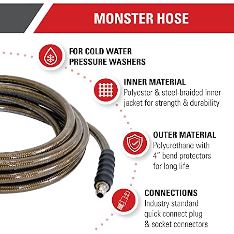 Simpson Cleaning 41028 Monster Series 4500 PSI Pressure Washer Hose, Cold Water Use, 3/8 Inch Inner Diameter, 50-Foot, Brown