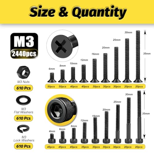 Image of Kadrick 2440PCS M3 Screws Assortment,Hex Socket Cap & Countersunk M3 Screws | M3 Bolts With Nuts,Flat & Lock Washerss, Length From 4-35mm,Class 12.9 & 4.8 Alloy Steel,Black Zinc Plated