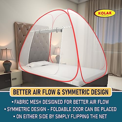 Image of KOLAR Supreme On Mosquito Net for Single Bed|Polyester 30 GSM|Foldable Machardani |Strong and Durable|Tent Type Corrosion Resistant - White Red Color