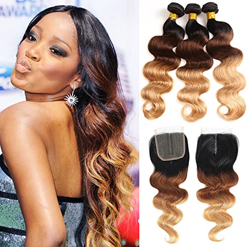 Kapelli Hair Ombre Human Hair Bundles With T Part Closure 10A Ombre Brazilian Hair Body Wave (T1B/4/27,16 18 20+16) Ombre Brazilian Human Hair Virgin Remy Hair Bundles 3 Tone Black to Blonde