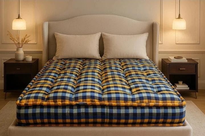 Image of Cotton Foldable Mattress, Single Size, 180x90x7.5 cm, 4x6 Foot Medium-Firm, Multi-Colour Plaid, Portable Floor Sleeping Mat