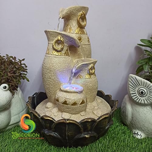 Image of Decorative Table Top Water Fountain for Home Decor /Office /Indoor & Outdoor /Garden /Puja Room /Vaastu with Multicolor LED Light and Adjustable Water Pump (Yellow Stone Matki)