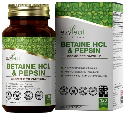 Ezyleaf Betain HCL Pepsin 680mg | 120 Vegane Betaine HCL Kapseln | Betainhydrochlorid mit Pepsin | Verdauungsenzyme | Ohne künstliche Inhaltsstoffe | ISO-Zertifikat, Gluten- & Gentechnikfrei | Aus GB Cover