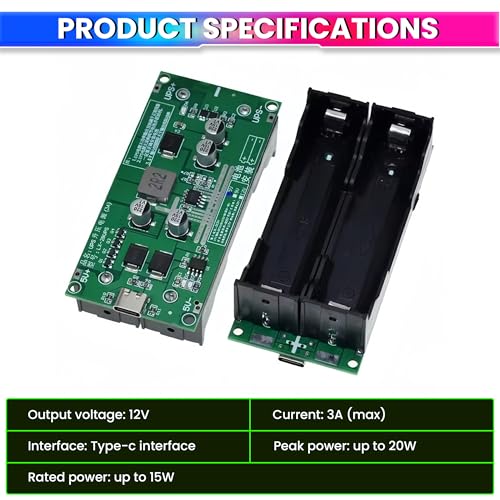 Image of 18650 Lithium Battery Charger Module with Type-C Input | 5V to 12V DC-DC Step-Up Booster Converter with 20W Peak Output, 3A Fast Charging and UPS Backup Function Ideal for DIY Power Projects