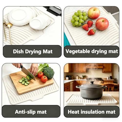 Image of EBIGIC Silicone Dish Drying Mat,19.7 inch*17 inchDish Drying Pad ,Kitchen Accessories,with Built-In and Non-Slip Drain,Easy Clean, Fit for Kitchen, Bar, RV, Refrigerator and Drawer Liner, Off White