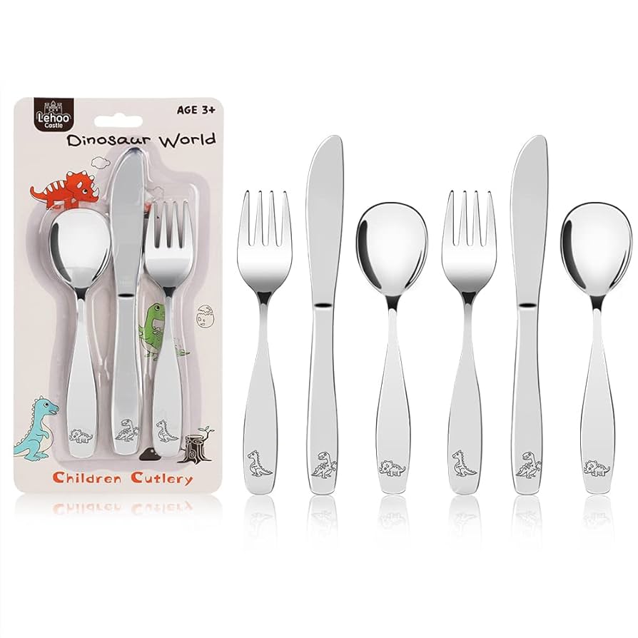 Set Posate Bambini 6 Pezzi In Acciaio Inox - Forchette, Coltelli E Cucchiai Con Design Dinosauro