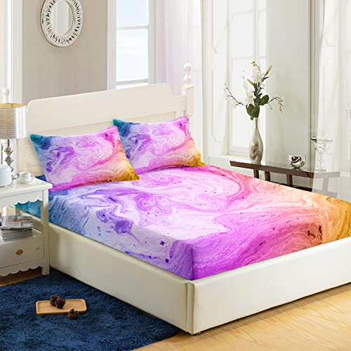 AILONEN Juego de sábanas ajustables de teñido anudado, tamaño completo, juego de sábanas de mármol colorido para niños y niñas, 1 sábana bajera ajustable y 2 fundas de almohada, 3 piezas