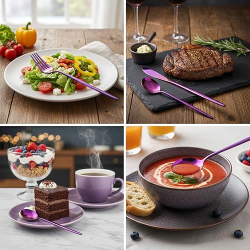 Image of Slim Handle Pink 5 Pcs Stainless Steel Cutlery Set for Dining Table, Dishwasher Safe Glossy Flatware (1 Spoon Set+1 Forks Set+1 Butter Knife+1 Dessert Spoon+ 1 Fruit Fork)