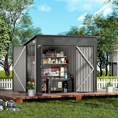 COMHOMA Shed Outdoor Storage Shed Metal,Lockable Doors Tool Sheds with Sloping Roof,Steel Garden Shed with Air Vent for Backyard,Patio,Lawn,Poolside(Grey,8'*4')