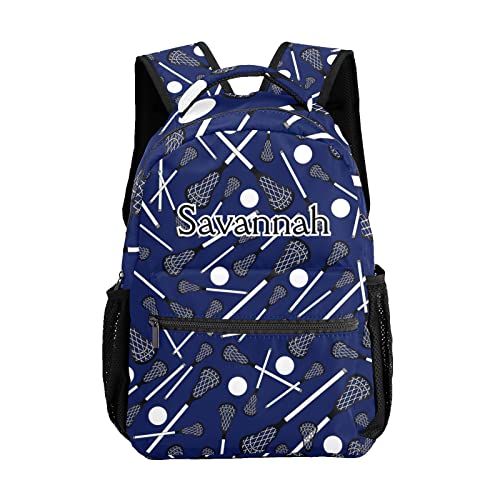 Custom Dark Blue Lacrosse Sticks Waterproof Backpack Bookbag with Name for Birthday Holiday Gift
